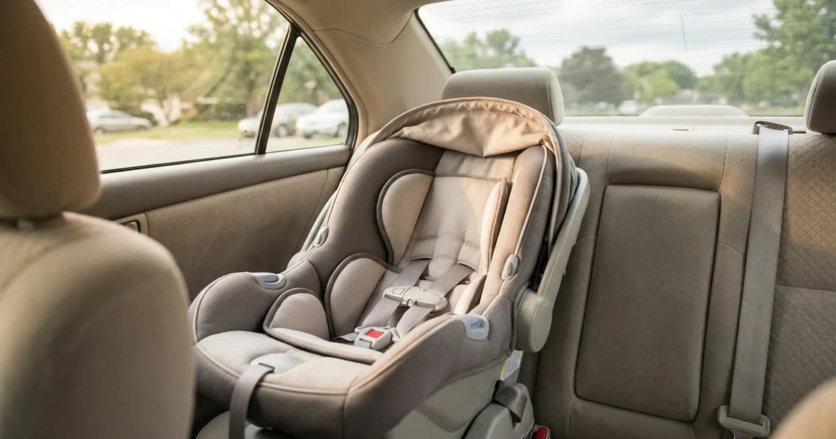 Empty rear-facing infant car seat installed in the back seat of a car with soft daylight through the window