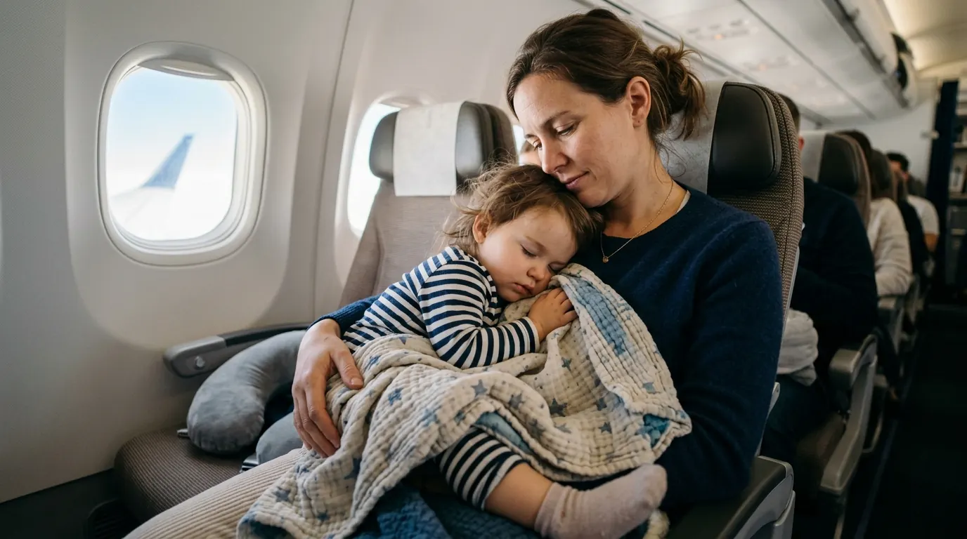Toddler sleeping in a travel crib in a hotel room with curtains drawn