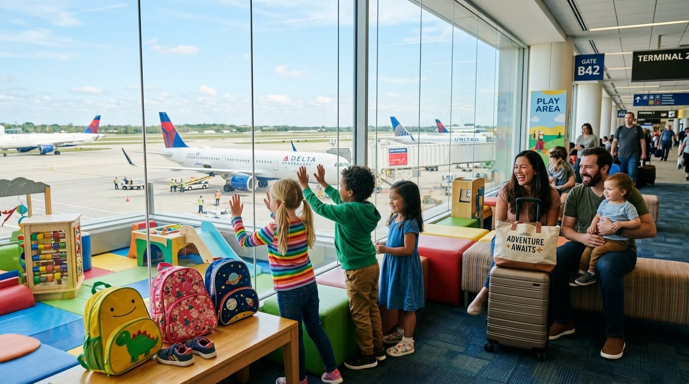Young child watching airplanes through airport terminal window with a backpack nearby