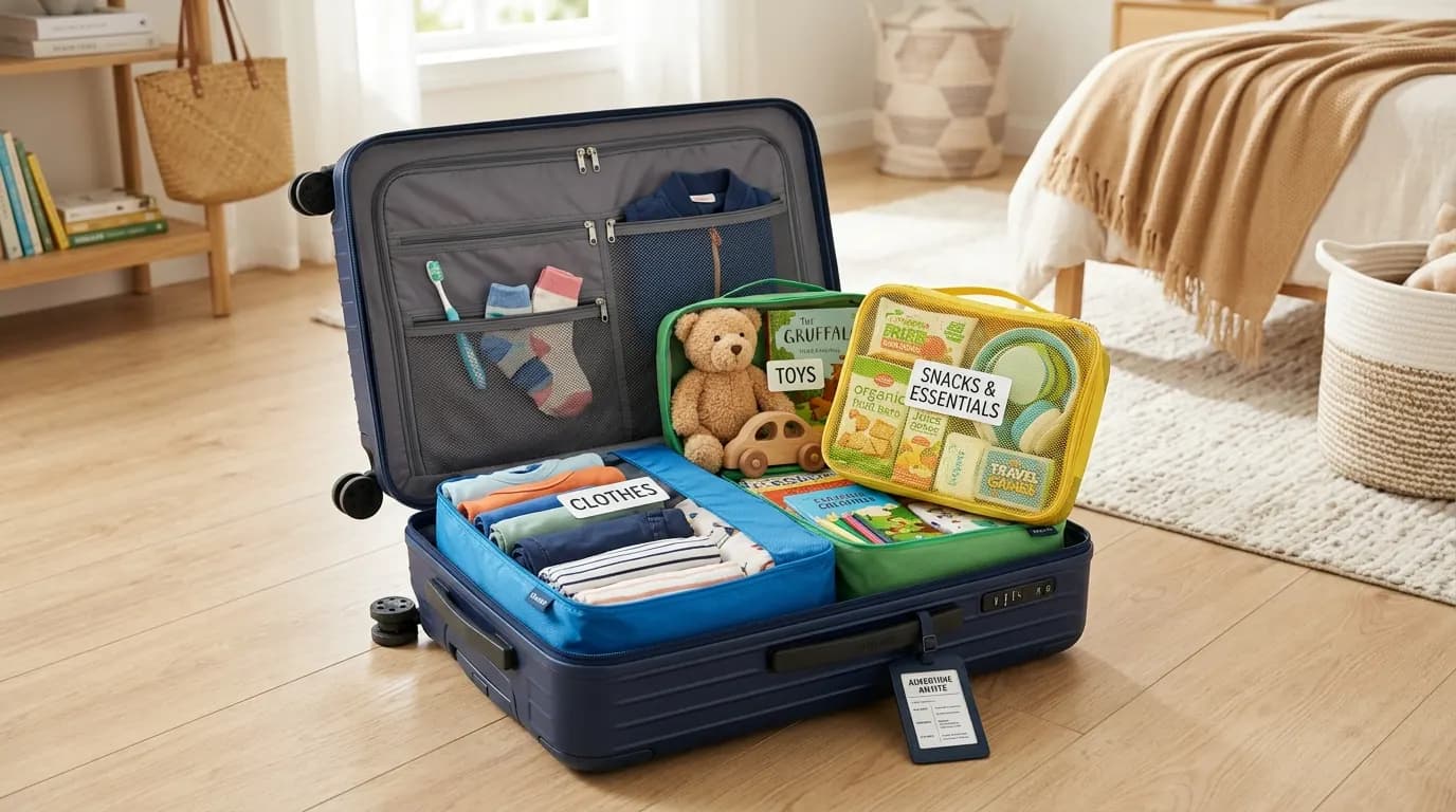 Open suitcase with neatly organized family vacation clothing and packing cubes