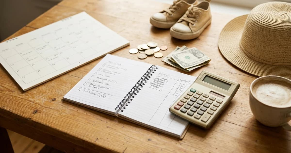 Family trip planning flat-lay with a budget notebook, calculator, calendar, coins, kids' sneakers, and a sun hat