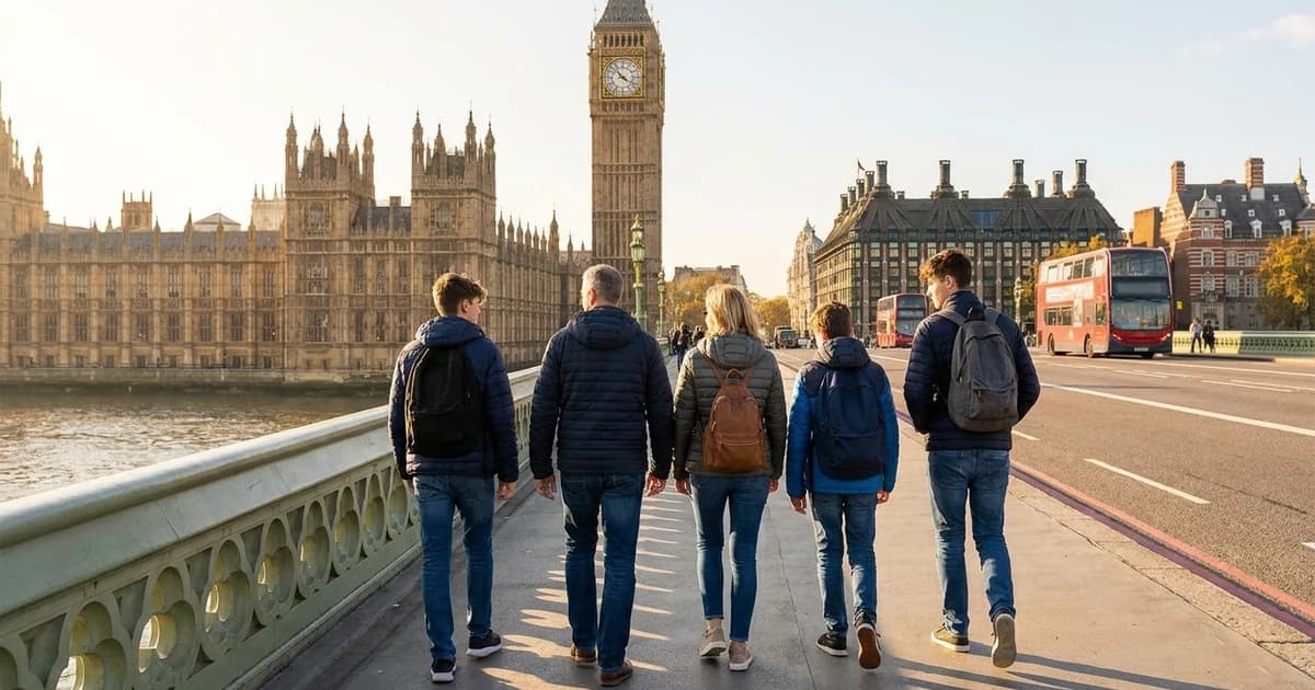 Teenagers walking across a London bridge with the River Thames and city skyline behind them on a bright day