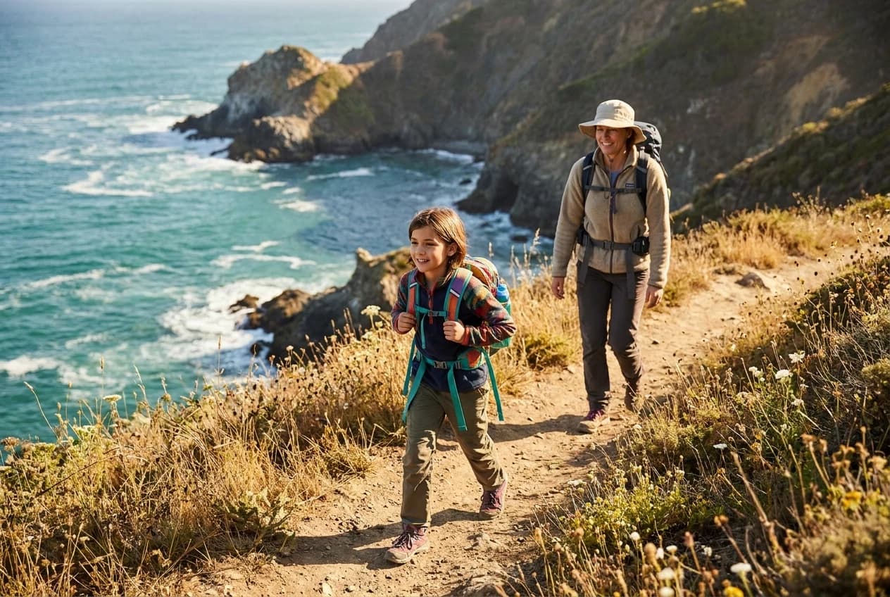 A tween hiking with a parent on a coastal trail on a family adventure trip