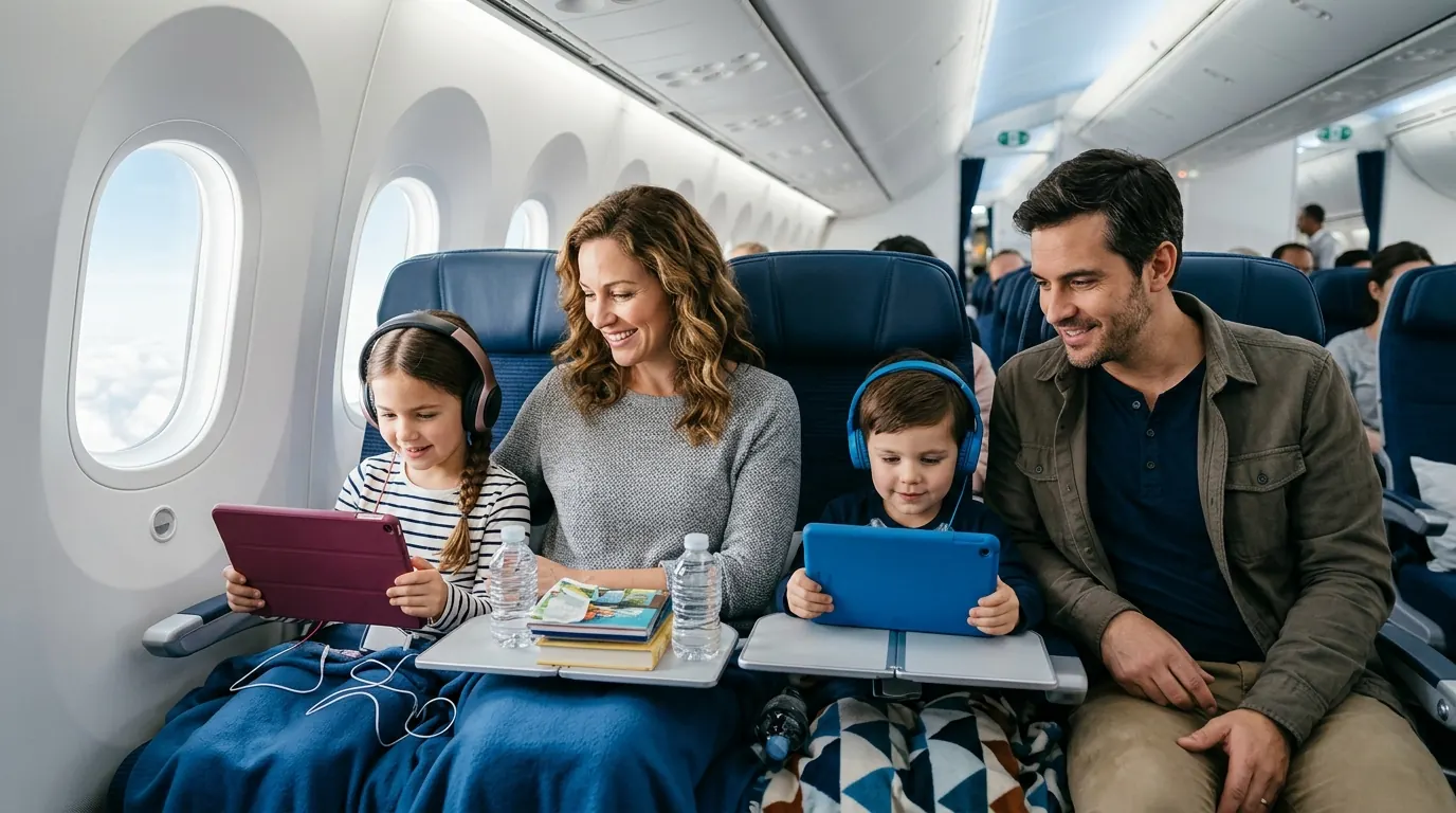 Child sleeping with blanket and stuffed animal on an airplane