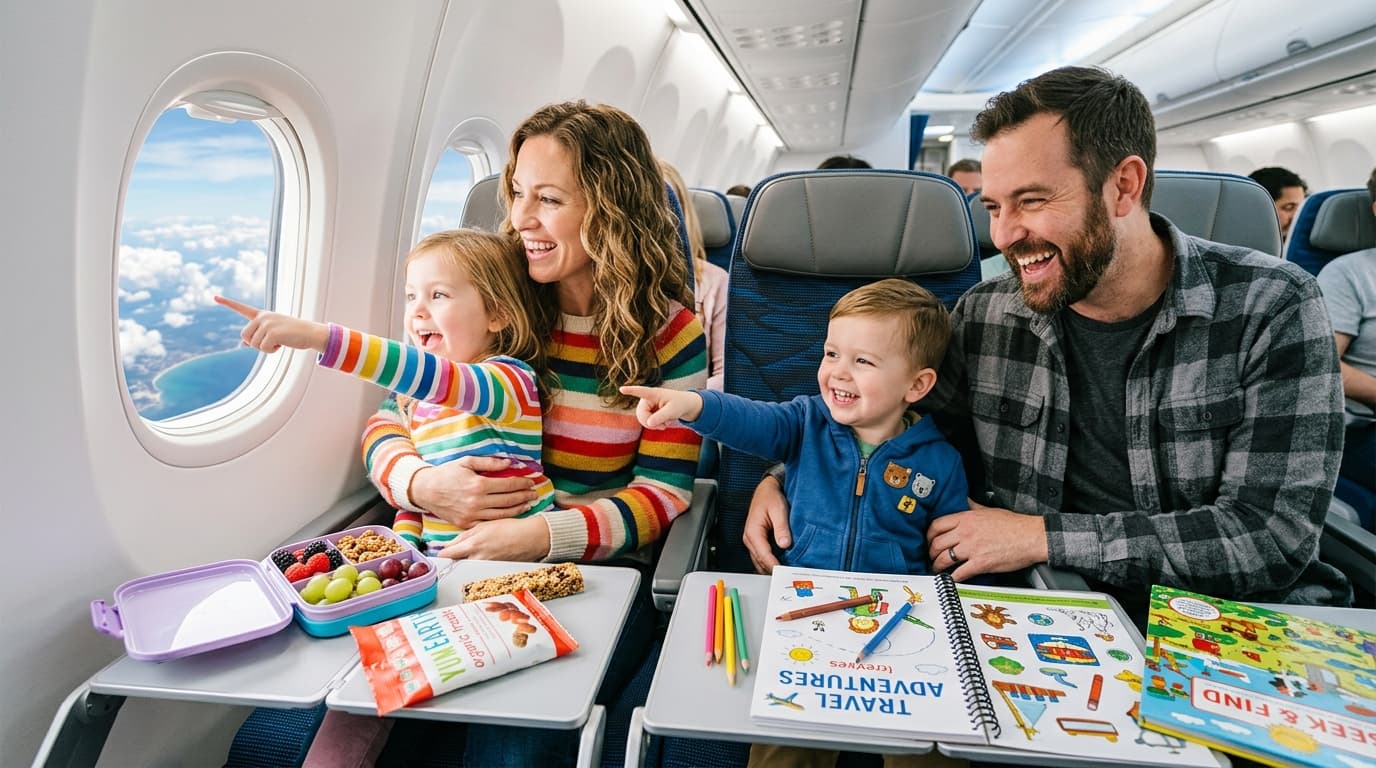 Young child looking out airplane window during a long flight with activity bag on tray table