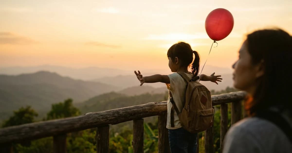 A child celebrating a milestone birthday at a scenic overlook at golden hour with a parent nearby
