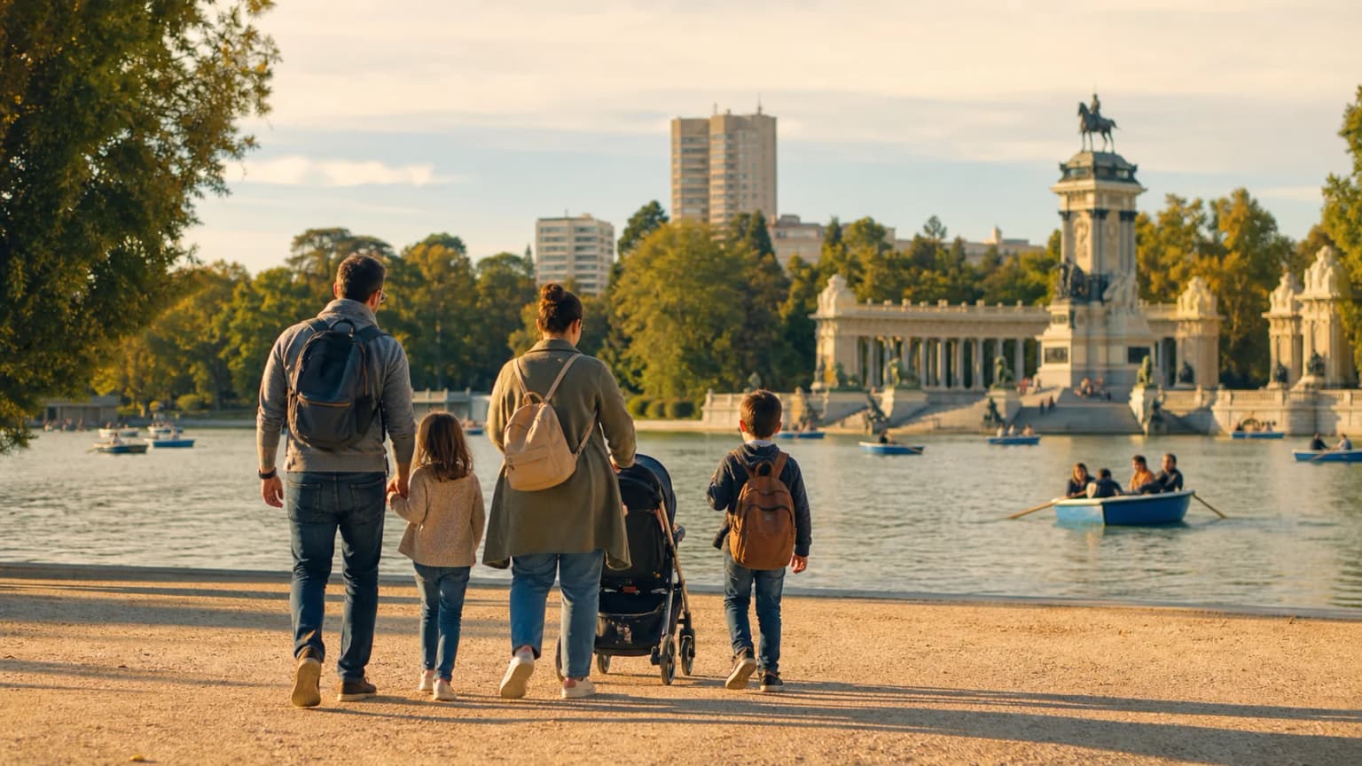 Family walking through Retiro Park in Madrid with kids