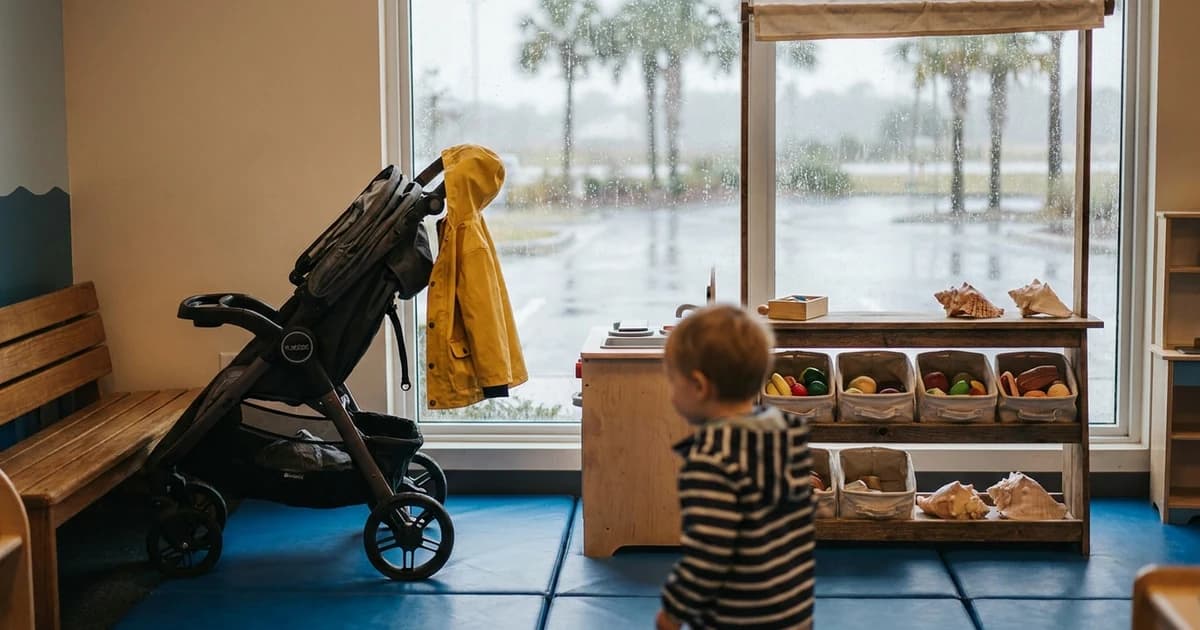 Indoor toddler play area with soft coastal colors for a Myrtle Beach rainy day