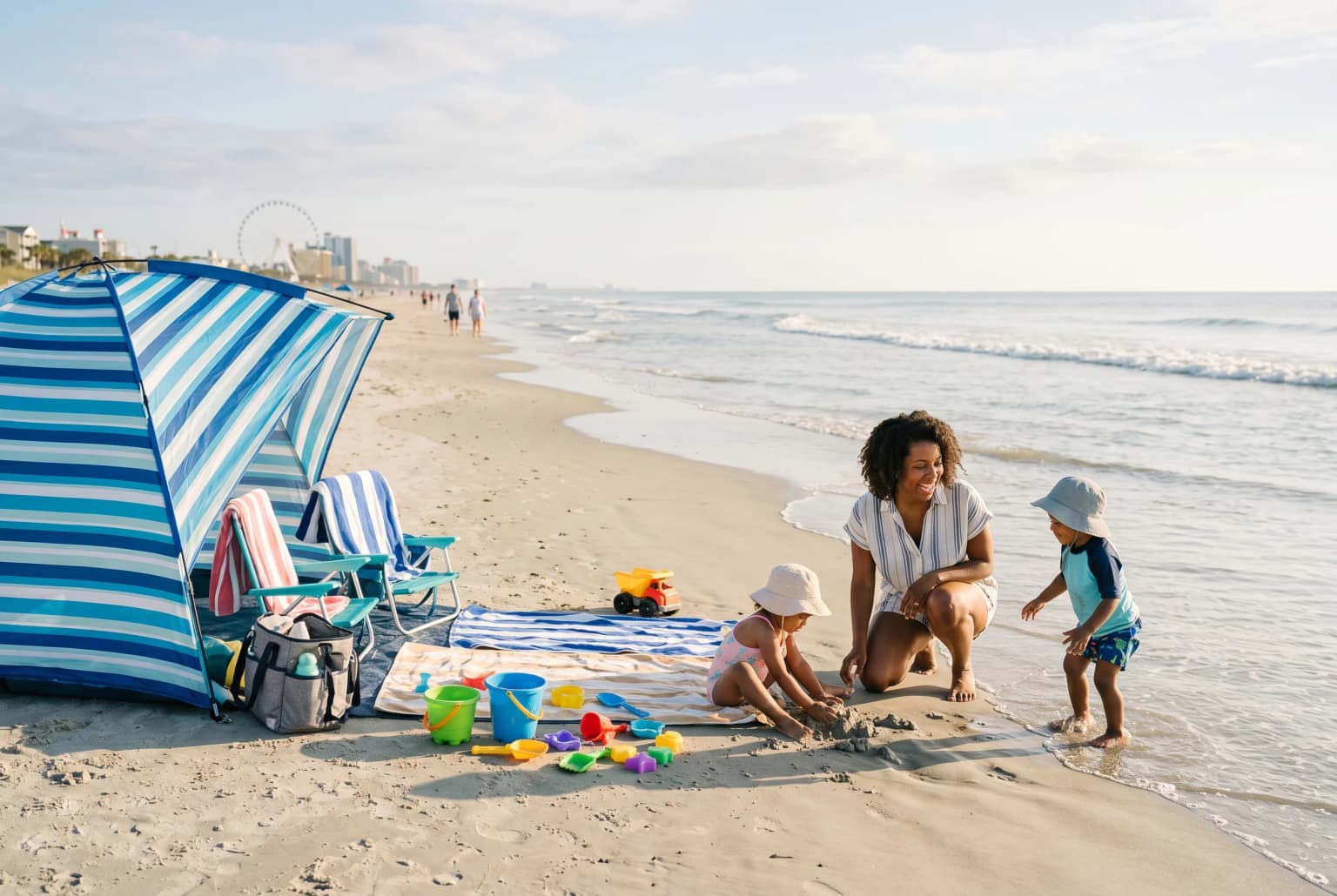 Toddler beach setup on Myrtle Beach with shade and sand toys