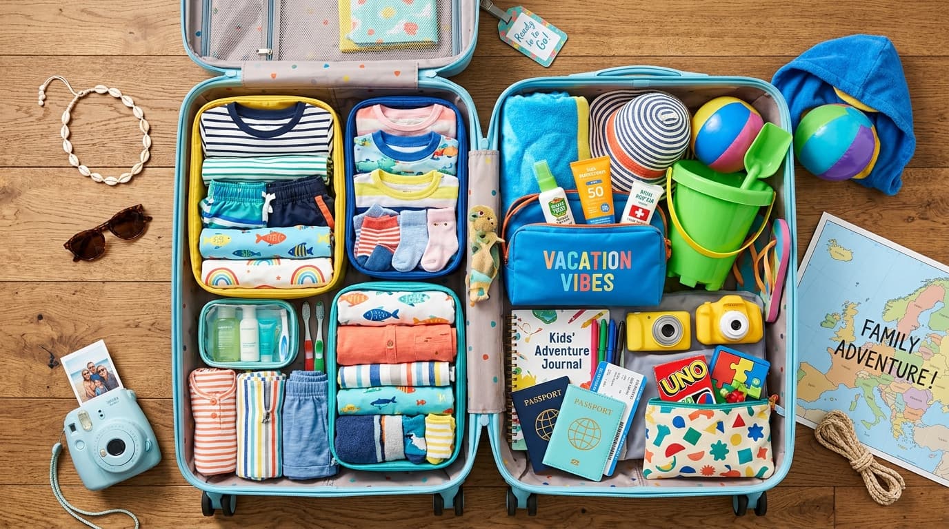 Organized family vacation packing layout with suitcases, packing cubes, and travel essentials on a bed