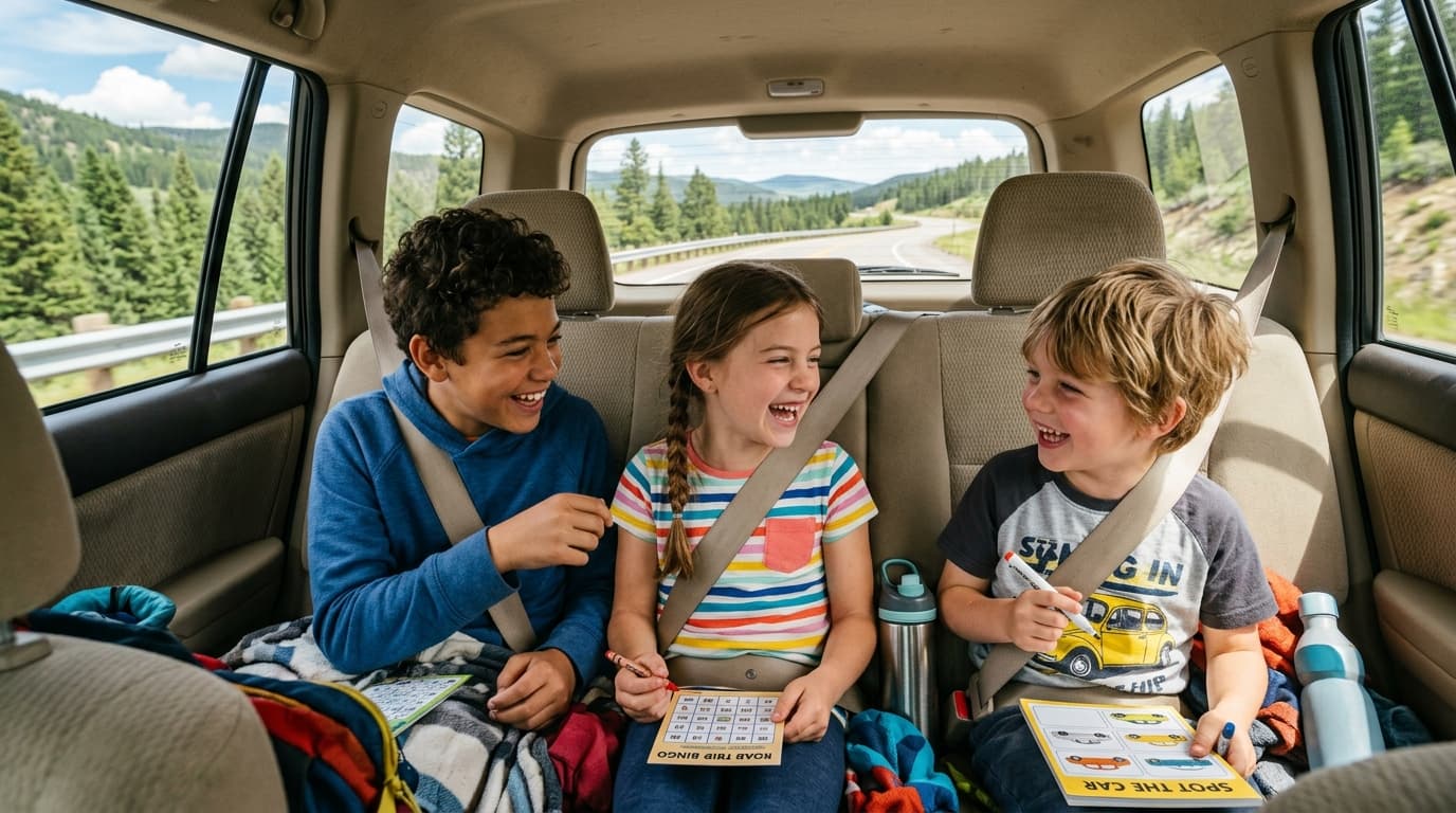 Happy kids playing games in the back seat of a car during a family road trip