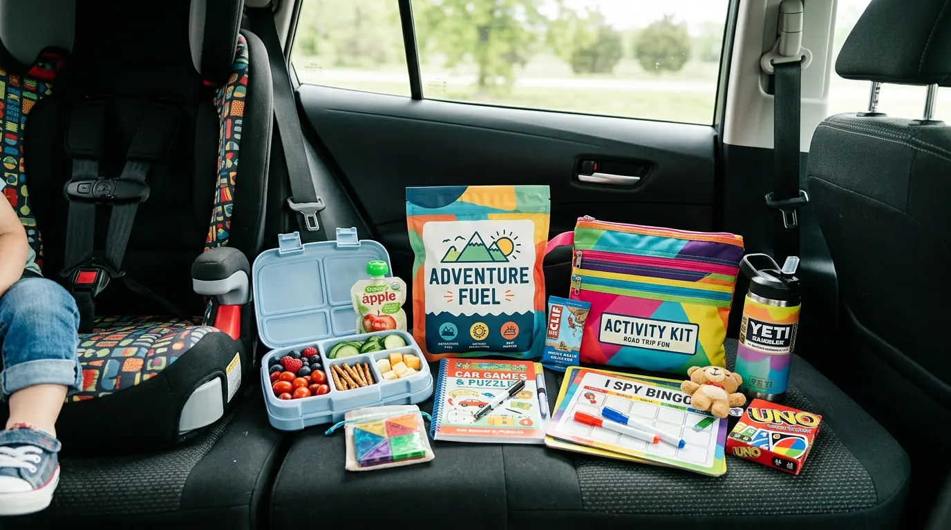 Kids in back seat of car with snack boxes and activity books on a road trip