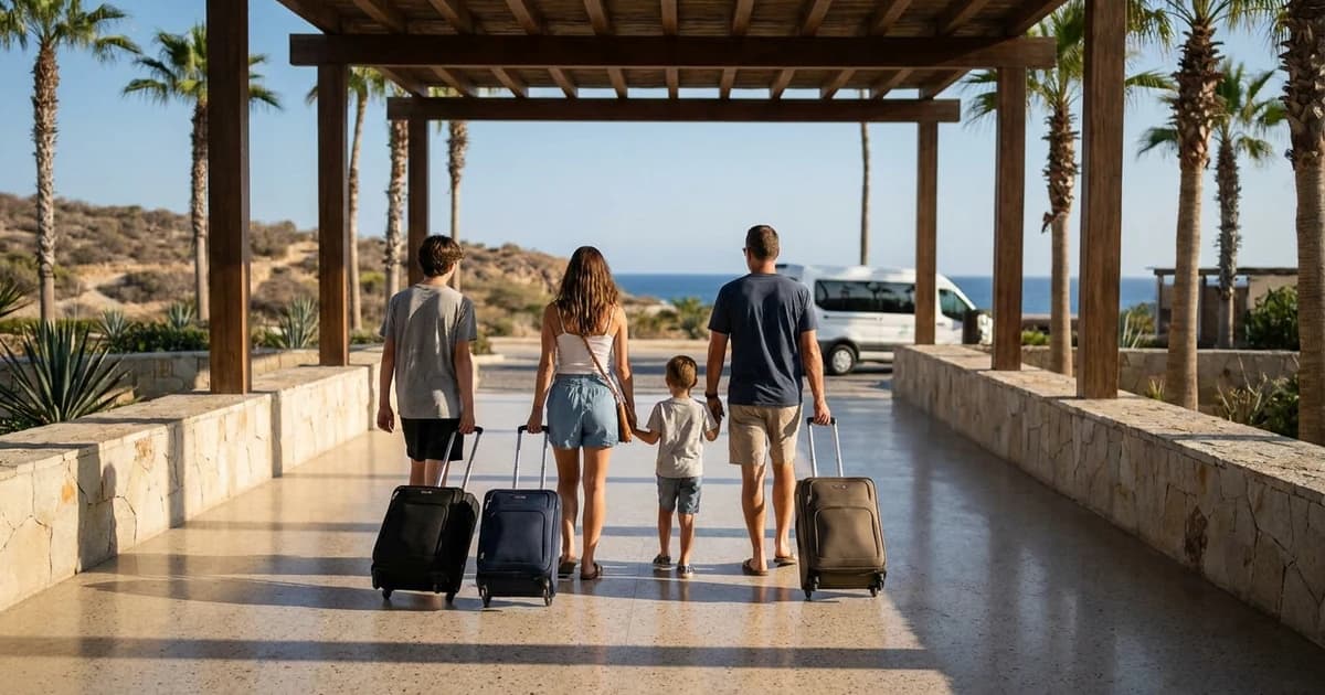 A family with suitcases walking out of an airport arrivals doorway into warm late-afternoon light on the Mexican Pacific coast.