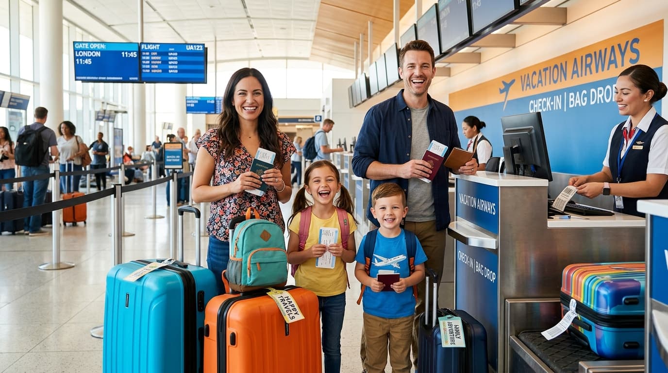 Family reviewing travel insurance documents together while planning a vacation at home
