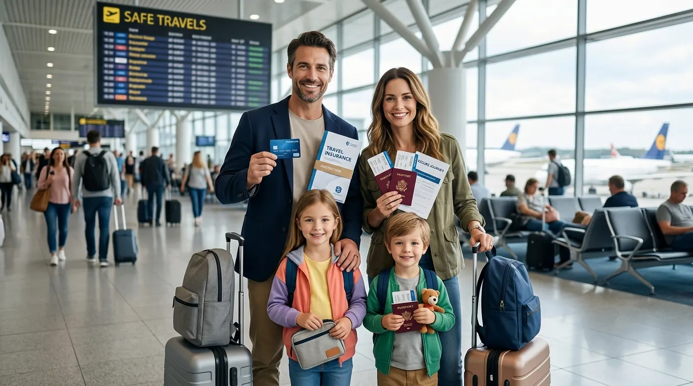 Family at airport check-in counter with luggage and boarding passes