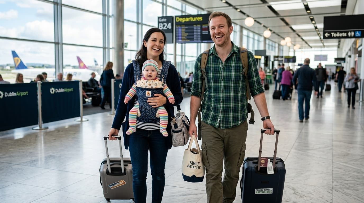 Parent holding a baby at an airport terminal gate preparing for first flight together