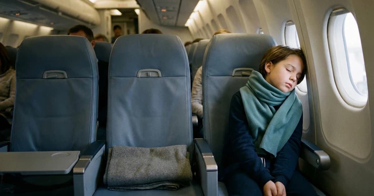 A child of about ten asleep upright in an airplane window seat, head supported by a soft teal fleece neck wrap, an empty middle seat and folded blanket beside them.