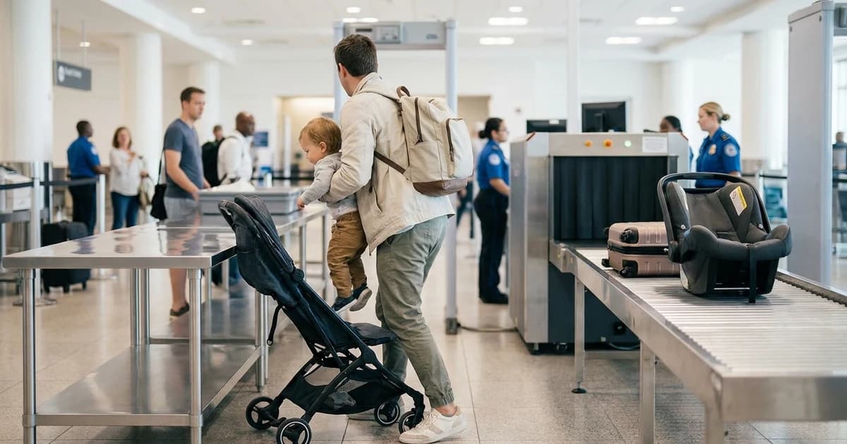 A parent lifting a toddler out of a folded stroller at an airport security checkpoint while a carry-on bag sits on the X-ray belt