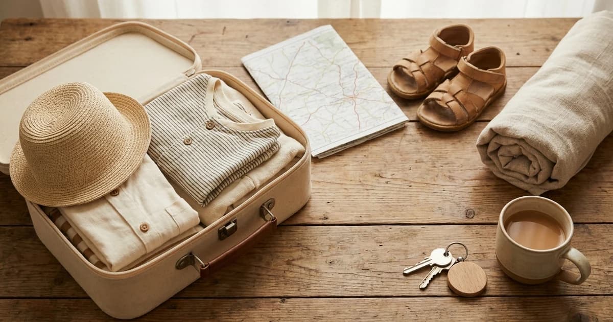 Three family lodging styles side by side: a beach resort, a rental home kitchen, and a hotel room
