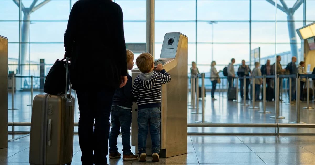 A parent and two young children waiting at a self-service biometric border kiosk in a modern European airport, with queue lanes behind them.