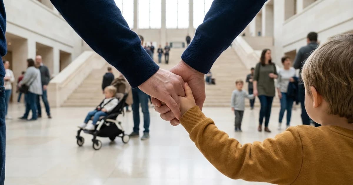 A parent's hand holding a small child's hand in a busy museum atrium, other families and a stroller blurred in the background under tall daylight windows.