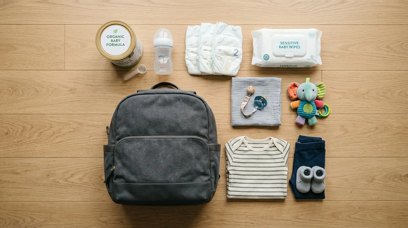 Organized diaper bag with baby travel essentials laid out neatly