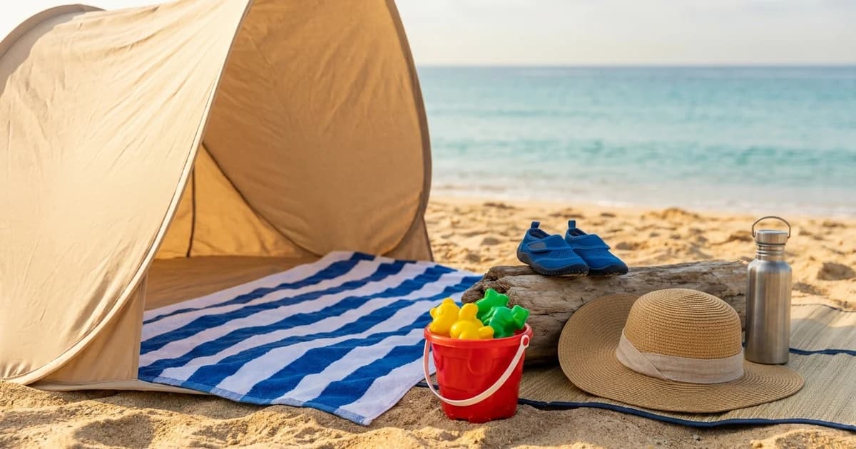 A shaded family beach base camp on golden sand with a pop-up sun shelter, a bucket and beach toys, and small water shoes drying beside a towel, soft late-morning light