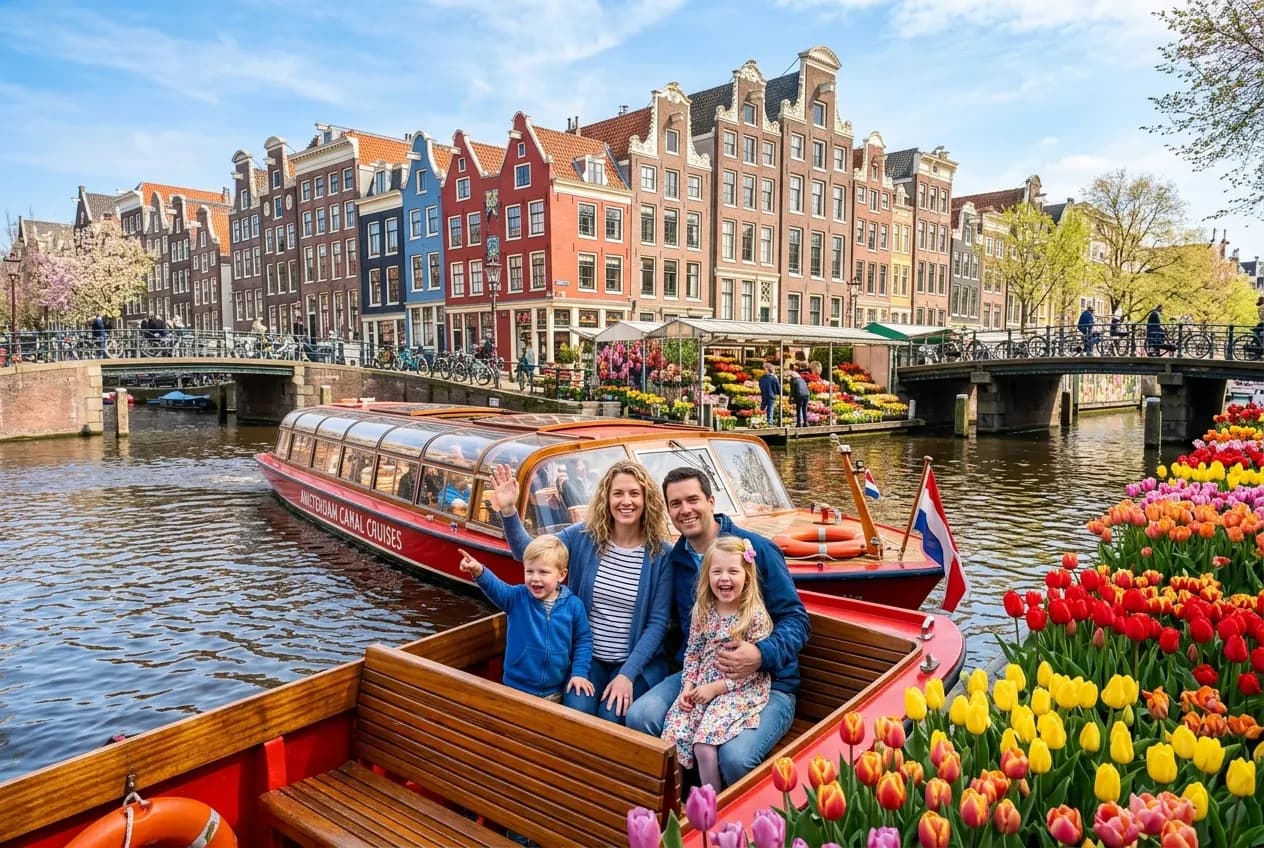 Family cycling along Amsterdam canal with historic gabled houses in the background