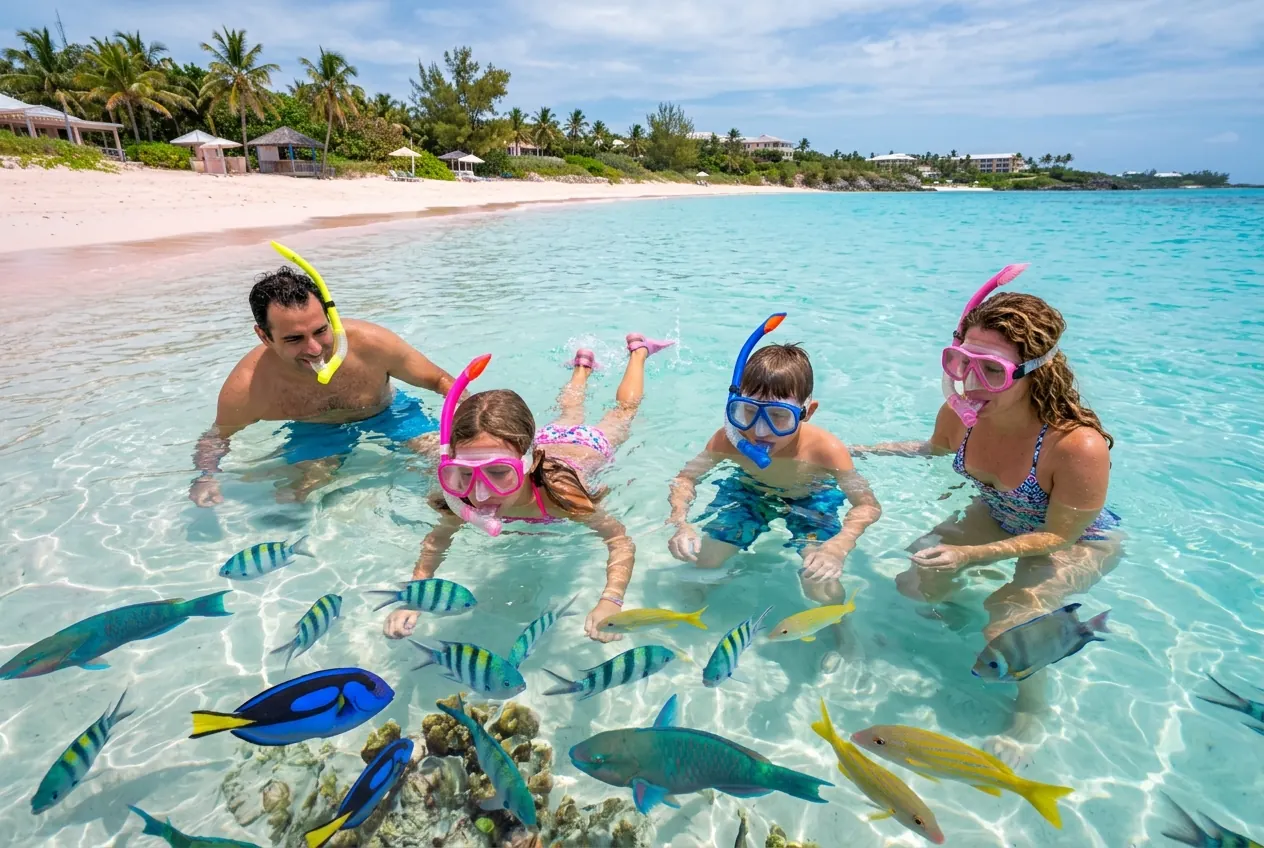 The iconic Royal Towers of Atlantis Paradise Island with turquoise Bahamian water in the foreground