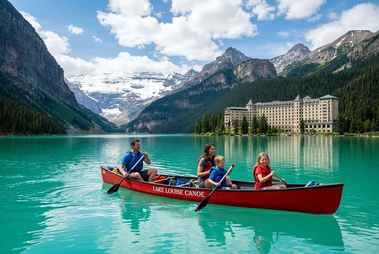 Family canoeing on the turquoise waters of Lake Louise in Banff National Park with Victoria Glacier and the Fairmont Chateau in the background