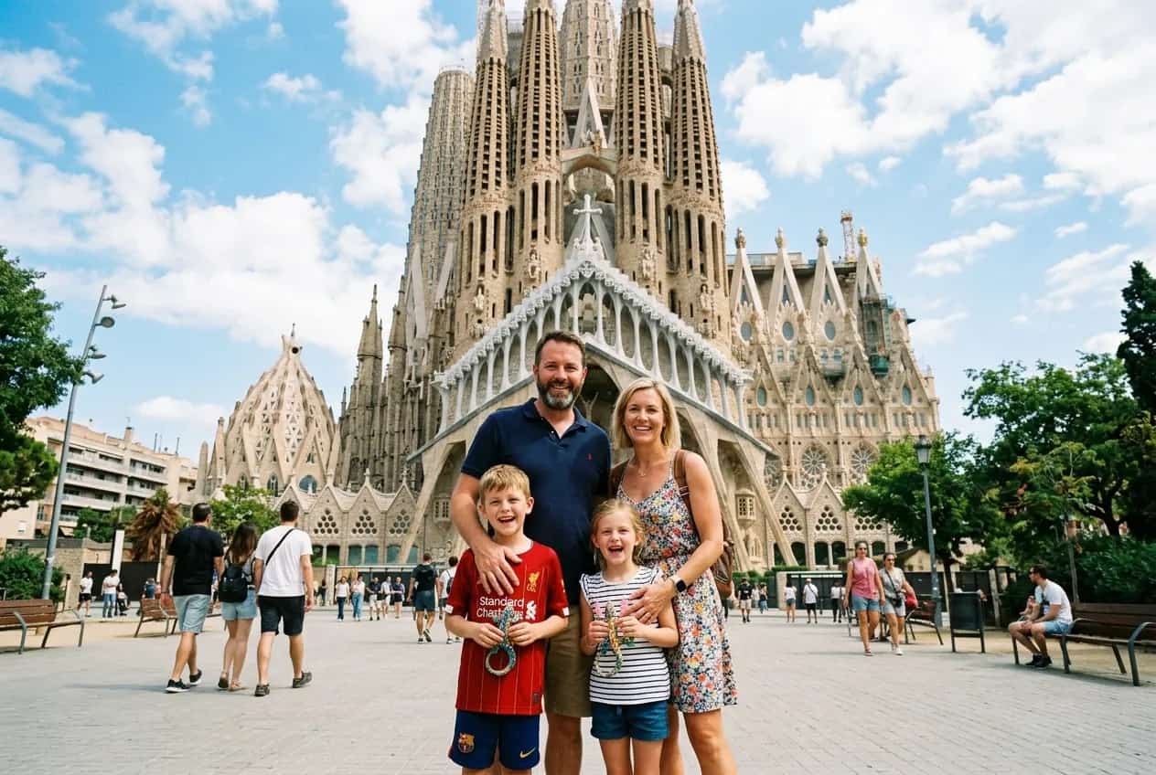 The soaring spires of Gaudí's Sagrada Família basilica rising above Barcelona's Eixample district on a clear day