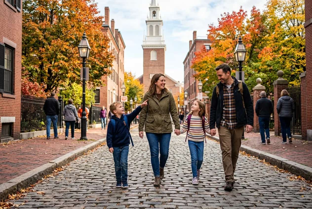 Family walking the Freedom Trail's red brick path through downtown Boston with historic buildings and the State House dome visible