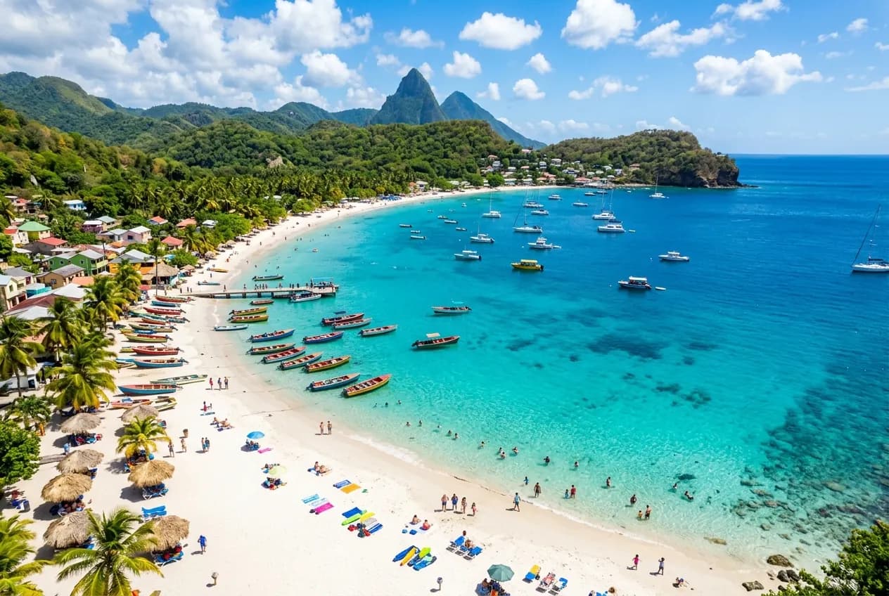 Aerial view of turquoise Caribbean water with a white sand beach and palm trees on a tropical island