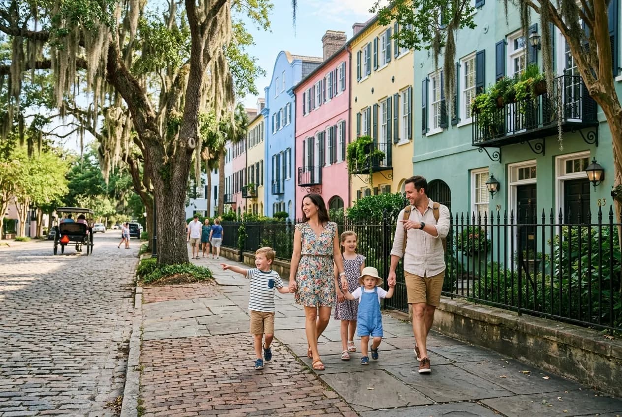 Charleston's iconic Rainbow Row of colorful pastel antebellum townhouses along East Bay Street on a sunny morning