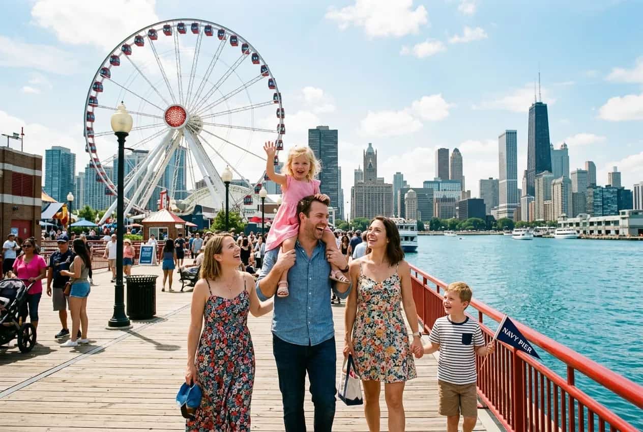 Chicago skyline viewed from Millennium Park with families gathered around the Cloud Gate Bean sculpture on a sunny day