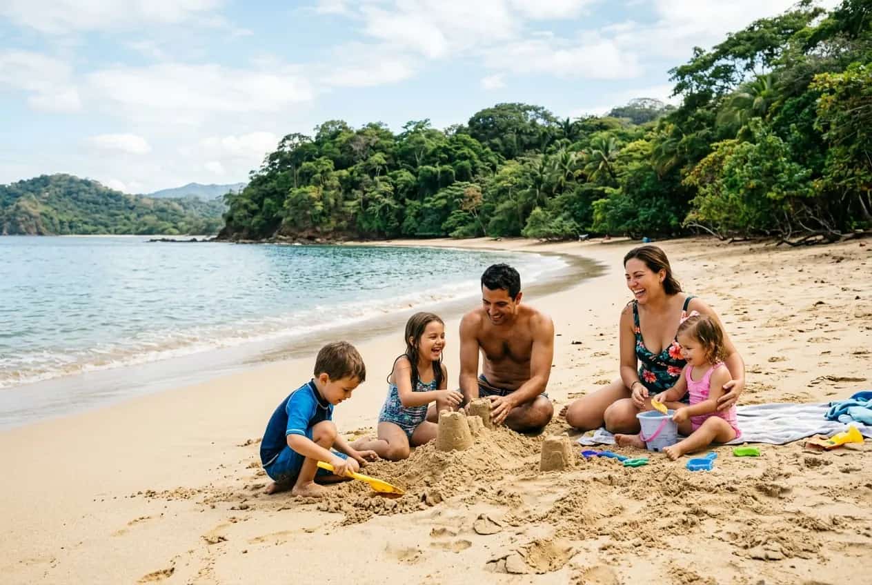 Family with children on a pristine white-sand Guanacaste beach with calm blue Pacific water and howler monkeys visible in nearby trees