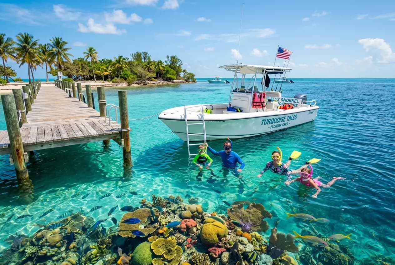 Family snorkeling over a colorful coral reef in the clear turquoise waters of the Florida Keys, with tropical fish visible below the surface