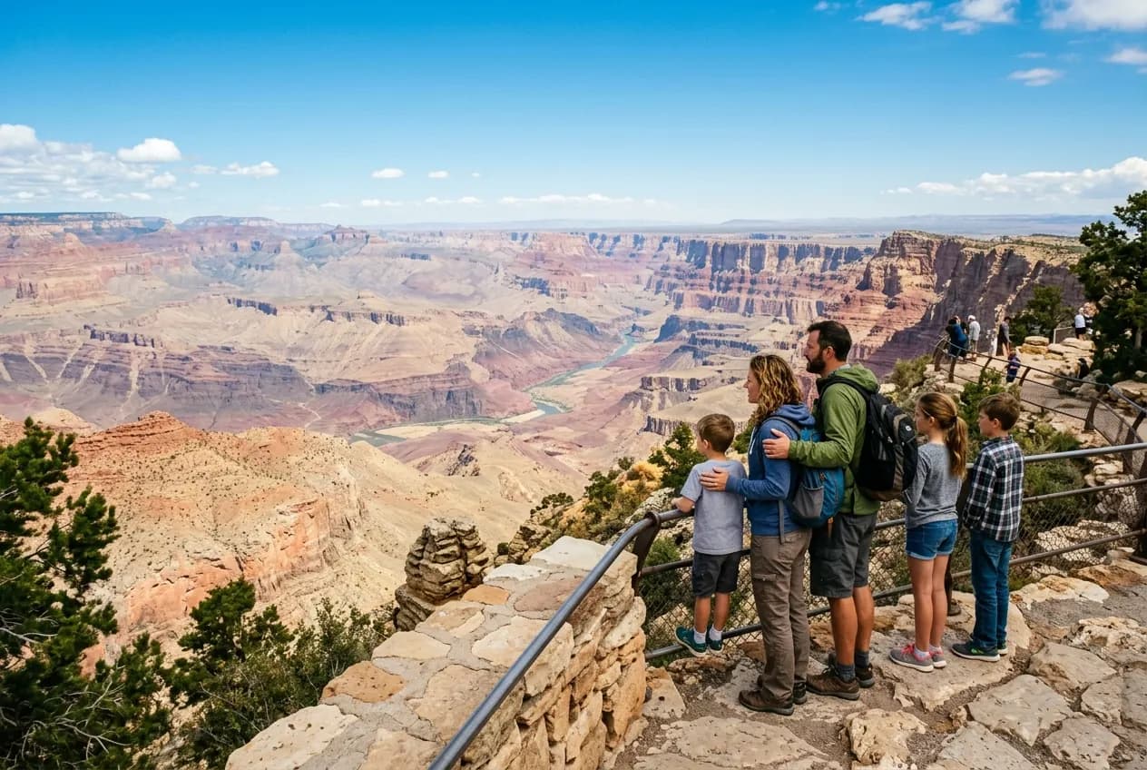 Family standing at a Grand Canyon South Rim viewpoint at sunrise, looking out over layered canyon walls with the Colorado River visible far below