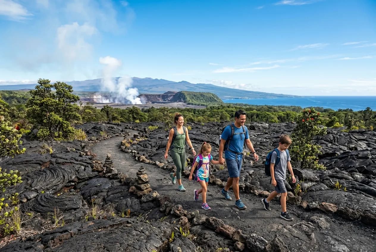 Family with young children snorkeling in clear blue water near the Kona coast with sea turtles visible below the surface