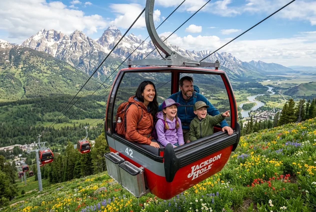 Family walking along the Snake River in Jackson Hole with the Grand Teton peaks reflected in the water