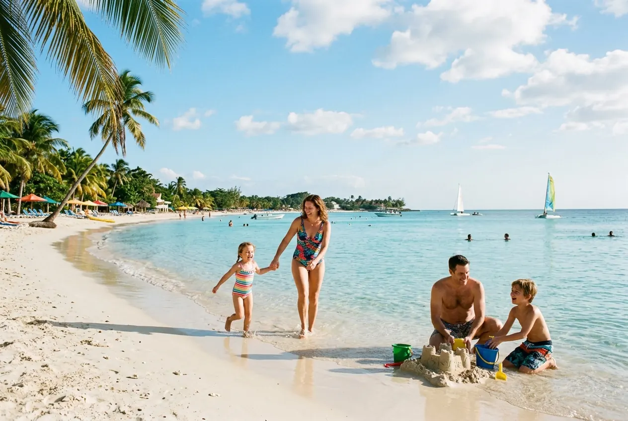 Seven Mile Beach at sunset in Negril Jamaica with calm turquoise water and palm trees
