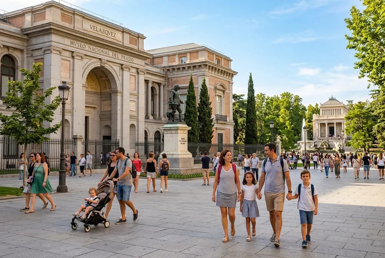 The ornate facade of the Prado Museum with families walking in front on a sunny Madrid afternoon
