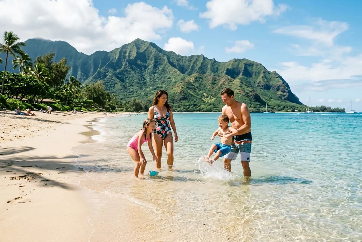 Ka'anapali Beach on Maui with golden sand, palm trees, and families playing in calm turquoise water