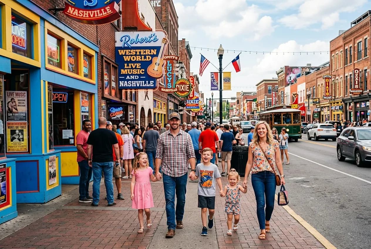 Nashville's colorful Lower Broadway with neon honky-tonk signs and families walking during a sunny afternoon
