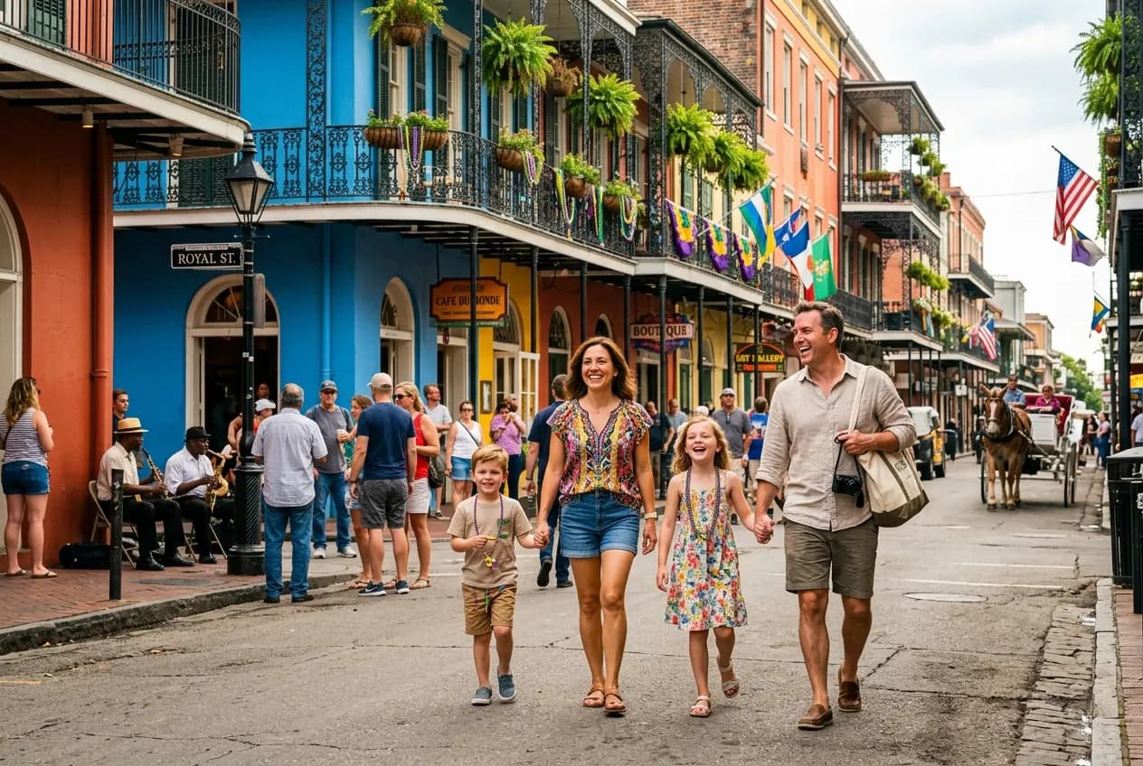 Colorful French Quarter buildings with iron balconies and families exploring Jackson Square in front of St. Louis Cathedral