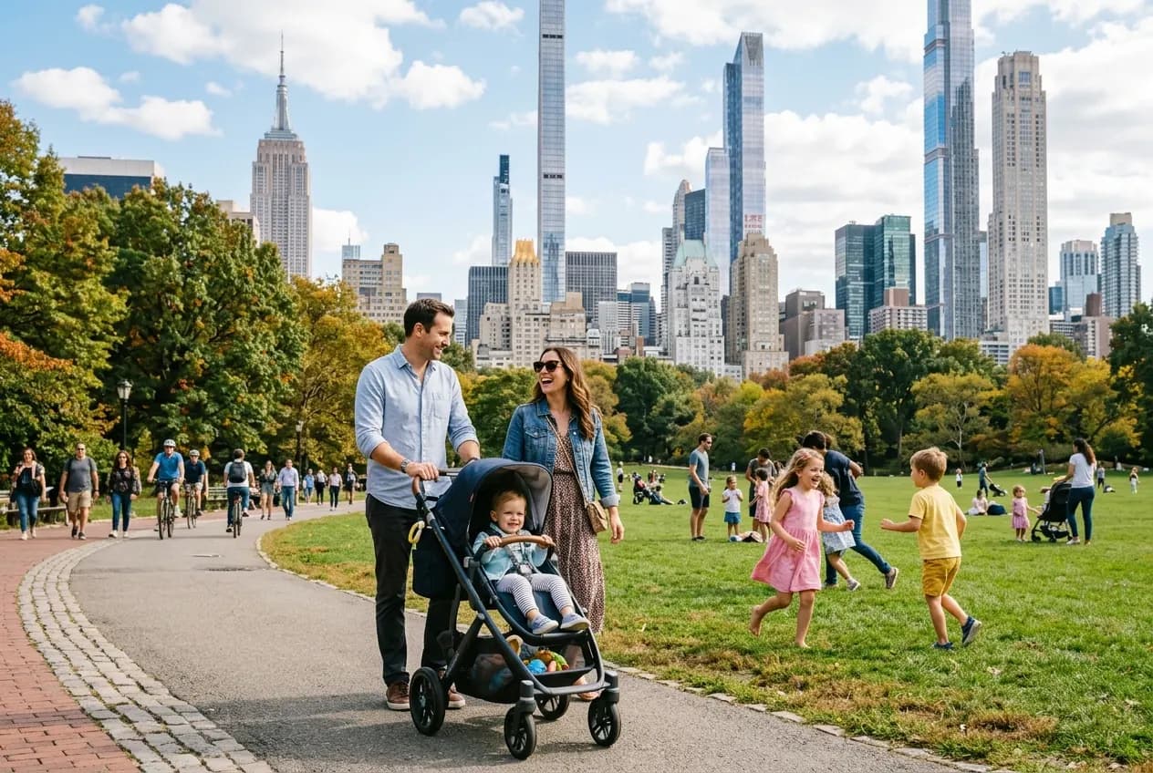Aerial view of Central Park surrounded by Manhattan skyline with families enjoying the green space below