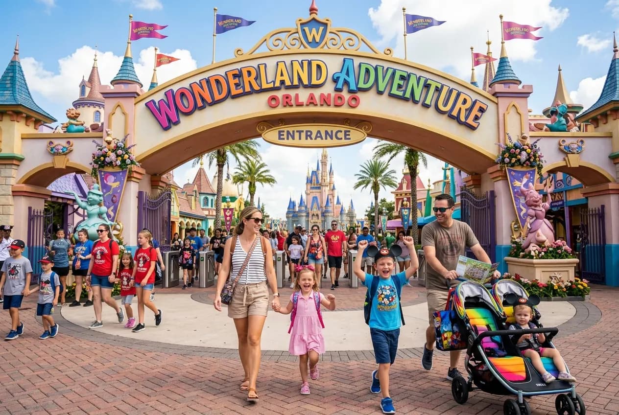 Cinderella Castle at Walt Disney World's Magic Kingdom with families walking down Main Street USA