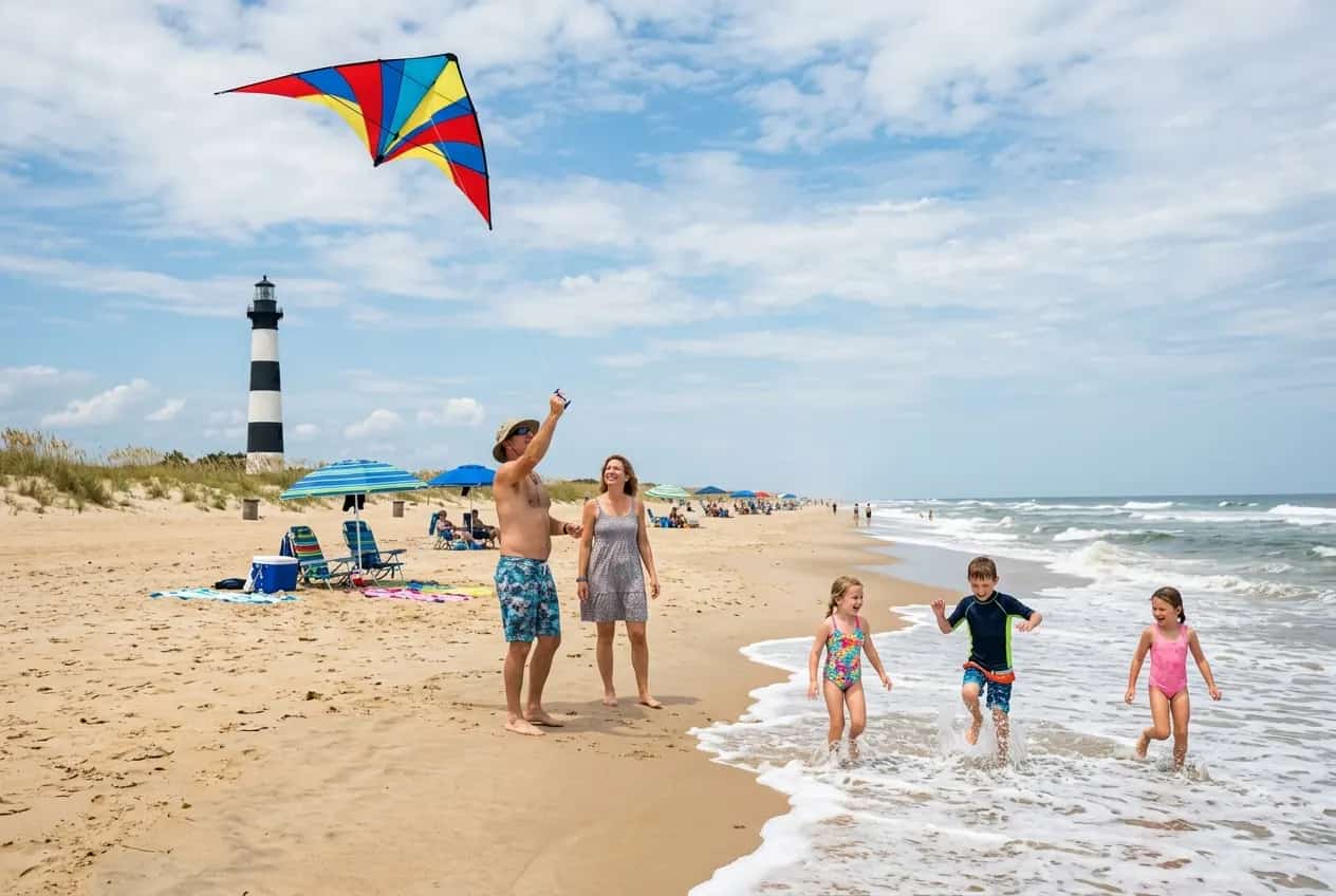 Family building sandcastles on a wide, uncrowded Outer Banks beach with the Atlantic Ocean and a clear blue sky behind them