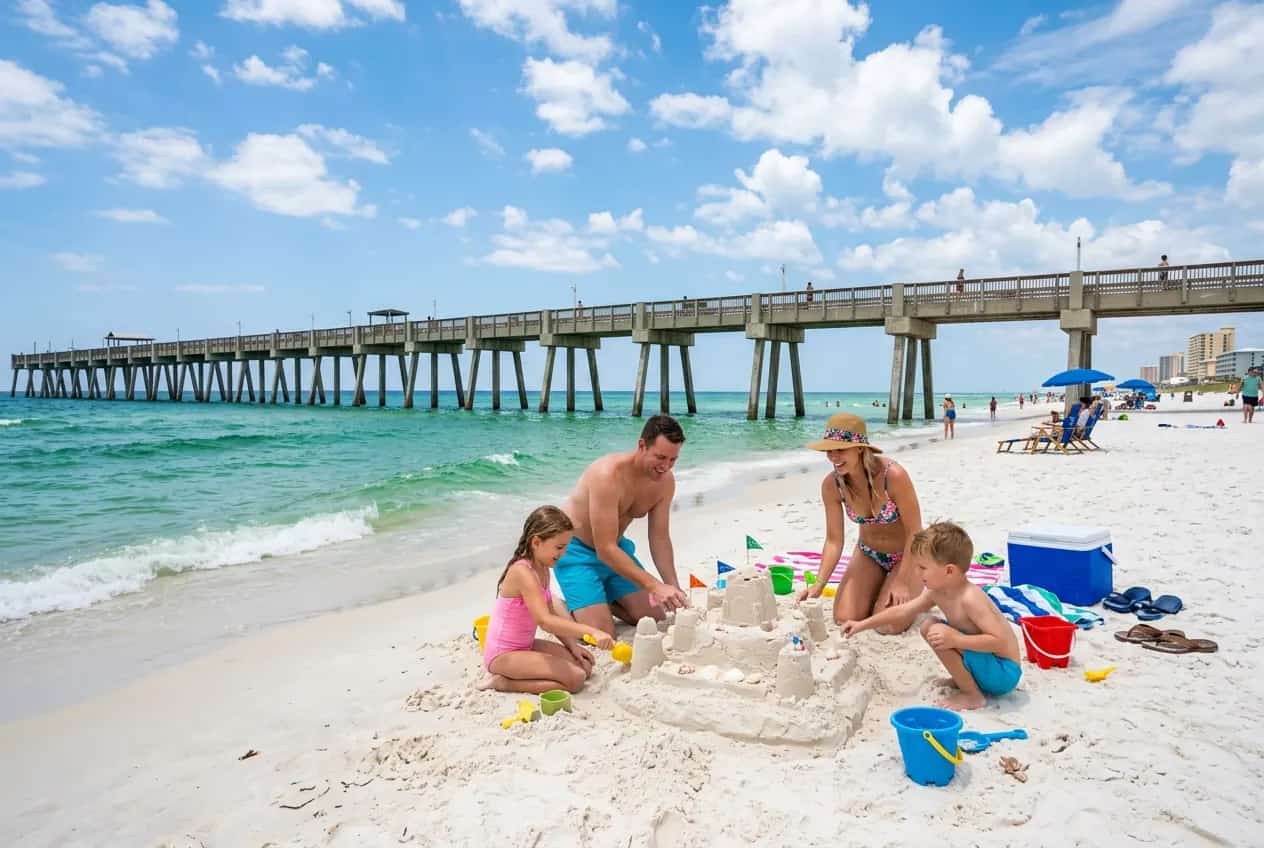 Pristine white quartz sand beach at Panama City Beach Florida with emerald green Gulf of Mexico water and families playing in the surf