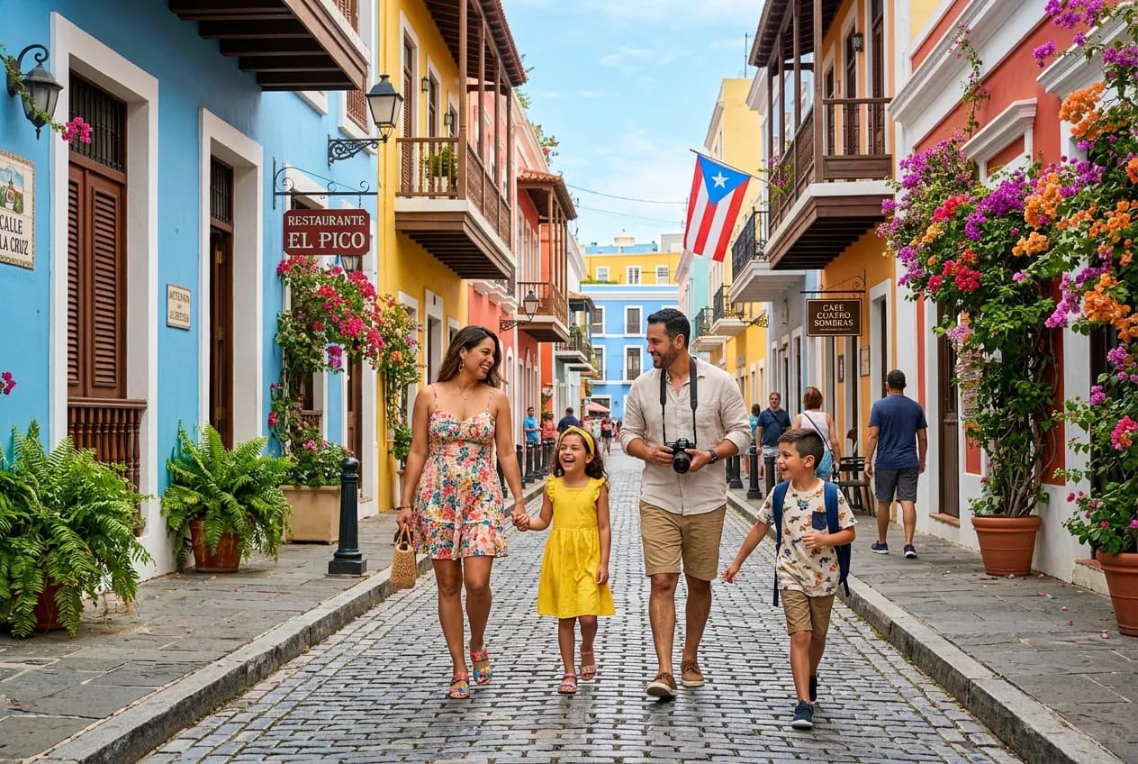 Colorful colonial buildings on a cobblestone street in Old San Juan, Puerto Rico with a blue sky above